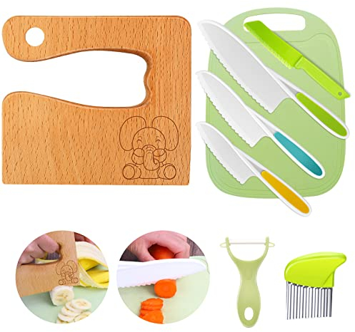Goodchef Kindermesser 8-teiliges Kinder-Küchenmesser-Set zum Schneiden und Kochen von Obst oder Gemüse für Kleinkinder, Sicherheit Holzmesser Schneidebrett Schäler Messer ab 2 jahre (Elefant)