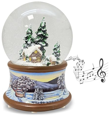 Schneekugel Weihnachten Spieluhr | Winterhütte | B: 10 cm | 20337 | Höhe: 14 cm | Winterlandschaft Sockel | mit Musik | Weihnachtsdekoration | Schüttelkugel | Weihnachtsmelodie