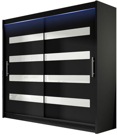 Mirjan24 Schwebetürenschrank London XI Kleiderschrank, Schlafzimmerschrank, Schiebetürenschrank, Garderobe, Diele und Flur (schwarz/schwarz + weiß lacobel, mit RGB LED Beleuchtung)