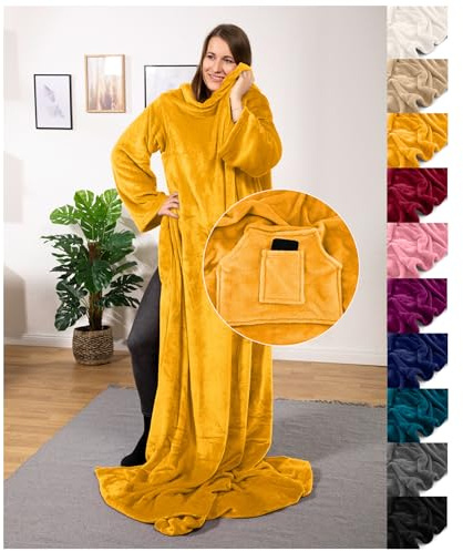 heimtexland ® Ärmeldecke TV Kuscheldecke mit Ärmeln Taschen Fußsack Super Soft Flanell tragbare Decke Ganzkörperdecke Typ870 Safran 180x150 cm