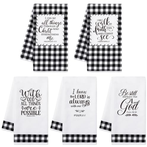 R HORSE Religious Kitchen Dish Towels - 5PCS Christian Gifts for Women Men Hand Towels for Kitchen Accessories Christmas Housewarming Gift Soft Hand Towels Extra Absorbent and Bar Towels, 40×60cm | Black White Check Absorbent Cleaning Dishcloths, Bible Verse Scripture Hand Towels, Birthday Housewarming Gifts for Women Men