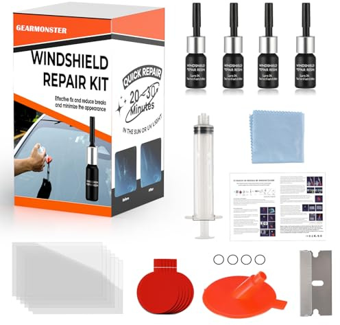 GEARMONSTER Windschutzscheiben Reparaturset Steinschlag Glasreparatur | Steinschlag Reparatur, Glasreparatur, 4 Flaschen Harz, Reparaturflüssigkeit, Frontscheibe, Auto Zubehör, einfache Anwendung
