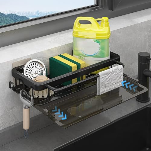 ZIGefofo Küche Spülbecken Organizer Hängend Ohne Bohren mit Klebehaken und Schrauben Multifunktional 2 in 1 Küchenablauf Regal Schwammhalter Wand für Toilettenartikel Küchenutensilien - Schwarz