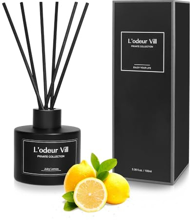 L'odeur Vill Raumduft Reed Diffuser 100ml, Luxus Aromaduft mit 8 Duftstäbchen, Langanhaltender Duft für Wohnzimmer Schlafzimmer Bad Büro, （Zitrone）