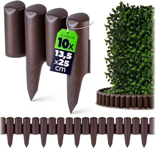 KADAX Trädgårdspalissad av plast, palisad för blommor, dekorativ gräsmatta, rabattkant med markspett, trästolpe typ, rabattkant (brun – 2,5 m)