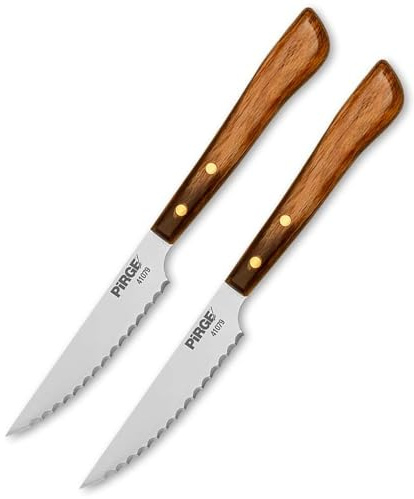 Pirge Elite Steakmesser Set 2 TLG - Wellenschliff Deutschen Edelstahl mit Ergonomischer Poly-Holzgriff - Tafelmesser - Scharfe Fleischmesser (Kleines Set)