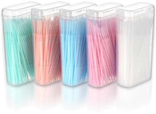 Ptwola 500pcs Double Head Dental Floss Interdental Brush 2-in-1, Disposable Plastic Multicolor Dental Pick Braces Cleaner Brush Oral Care Toothpicks (5 Pack, 100pcs/Box)
