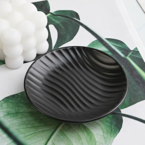 Chic Round Soap Dish, Modern Minimalist Striped Ceramic Tray(Black)
