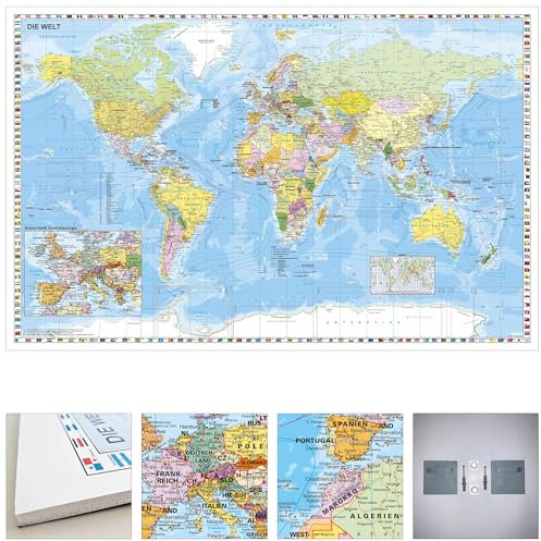 Die Welt mit Ausschnitt Zentraleuropa zum Pinnen mit Wandhalterung auf 10mm-EasyPrint-/Weichschaum-Platte, 120 x 80 cm