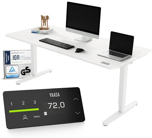 Yaasa Desk Pro 180x80cm, Schreibtisch elektrisch höhenverstellbar Weiß,Büro | Abgerundete Tischplatte mit integriertem ErgoTouch-Handschalter: 9 Memory-Positionen, Automatikfahrt, Schreibtisch für Büro