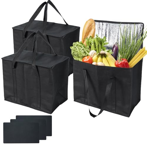 BOJVESH 3 Pcs Insulated Grocery Shopping Bag, 40L Large Black Food Delivery Bags, Durable Thermal Cooler Bags with Handles and Bottom Plates, Reusable Lunch Container for Catering Grocery(43x26x33cm)