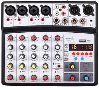 Mezclador de audio Mezclador De Audio Inalámbrico De 6 Canales, Consola De Mezcla Portátil, Tarjeta De Sonido Con Interfaz USB Con 16 DSP Echo 48V Phantom Power Bajo nivel de ruido(06D-Black)
