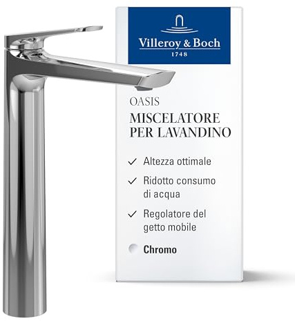 Villeroy & Boch Oasis Waschtischarmatur, Auslaufhöhe 245 mm – Chrom | Ohne Ablaufgarnitur, wassersparend, Keramikkartusche, modernes rundes Design, TVW11500200161