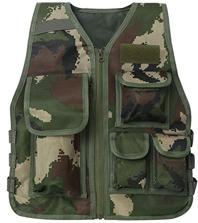 KaloKLU Fishing Vest for Child Boy Girl Photography Vest Multipocket Camouflage Sleeveless Jacket Coat Adjustable Outdoor Games Hunting Combat Camping, Army Green, 1-7 ans