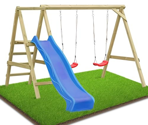 Gartenpirat Premium Schaukelgestell Typ 4.2 mit Rutsche blau Zwei Schaukelsitze Kletterleiter - 303 x 180 x 200 cm - Doppelschaukel aus Holz