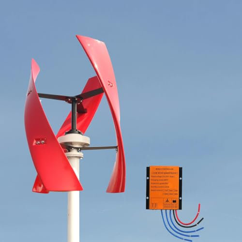 800W Aerogenerador Vertical, Baja Velocidad de Arranque, 12V 24V 48V, Uso en el Hogar Eje Generador Eólico Kits 3 Palas de Fibra de Vidrio con Controlador de Carga MPPT,Rojo (12, Voltios)