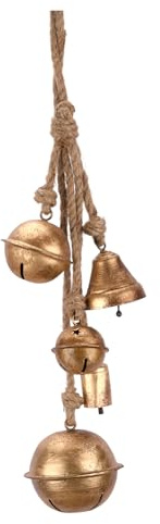 Vivanta Rustikale Glöckchen zum Aufhängen, 55,9 cm, Metall-Windspiel mit 5 gemischten Kuhglocken auf Juteseil, Bauernhaus, Vintage, Boho-Ornament für Zuhause, Eingang, Garten, Weihnachtsdekoration
