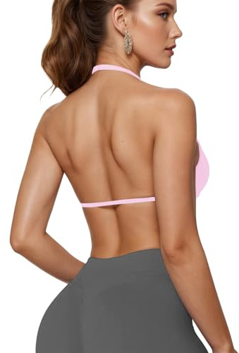 JN JANPRINT Sujetadores deportivos de entrenamiento para mujer, con tirantes, cuello halter, brasier de impacto, acolchado, sin costuras, sin costuras, para gimnasio, yoga, rosa, S-M