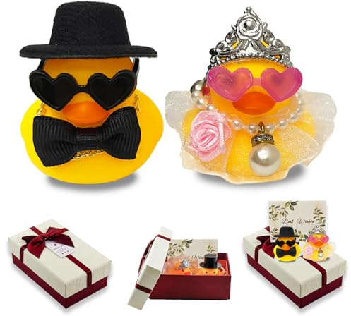 YDUNARISE 2er-Set Quietscheenten Braut und Bräutigam,Lustige Hochzeitsgeschenke für Brautpaar,Auto Deko Hochzeit,Brautpaar Figurens (Cool)