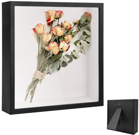 Cornice Portafoto 3D, Cornice Quadrata da Riempire 20 x 25 cm, con Lastra Acrilica Trasparente, Frame per in Legno Fai da Te Profonda 3 cm, Appendere alla Parete o Sulla Scrivania, Nero