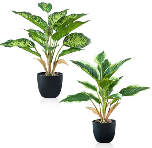 Cexovo 2 Stück Kunstpflanze Wie Echt,Künstliche Pflanzen im Topf,Monstera Kunstpflanzen,Fake Plant,Zimmerpflanzen,Dekopflanze Plastik Pflanze Deko Gefleckte+Gelb umrandete 37CM für Schlafzimmer Büro