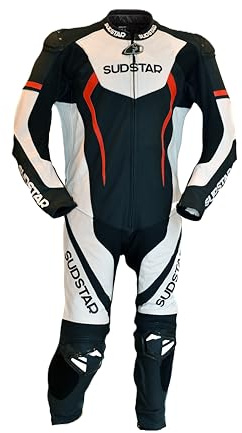 SUDSTAR Tuta da Moto in Pelle SUZUKA, Bianco e Nero, Design Sportivo, Protezioni CE Certificate livello 2, Sistema Thermoline A-Grade, Predisposizione AIRBAG (BIANCO e NERO, S)