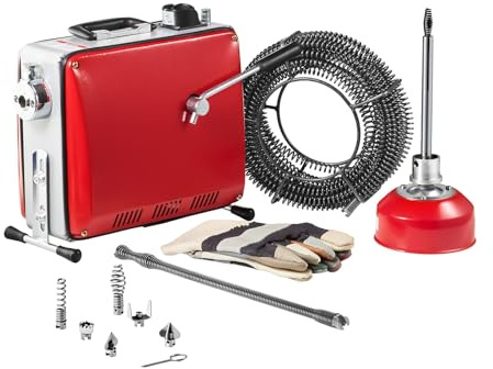 VEVOR Desatascador de Tuberías Eléctrico 400 W 1400 RPM con Cable de Resorte de 20 m x 16 mm, 5 m x 9,5 mm, 0,4 m x 12 mm y 6 Cabezales de Limpieza, Apto para Tuberías de 50 a 110 mm de Diámetro