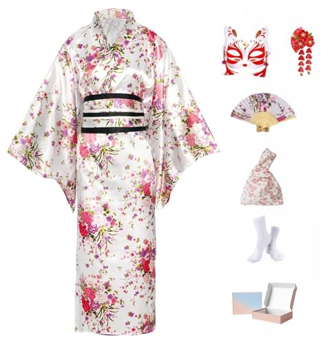 Completo Yukata Kimono Donna Giapponese in Raso Setoso, 8 Pezzi in Scatola Regalo - Costume Geisha Elegante Fiore di Ciliegio Bianco, Abito Cosplay Anime per Carnevale, Feste, Festival, Fotografia
