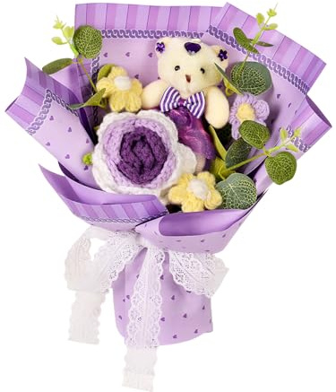 Wishwell Pop Häkelblumenstrauß – Häkel-Rose, Gänseblümchen-Blumenstrauß mit Bär für Muttertag, Weihnachten, Valentinstag, Geburtstagsgeschenke und Home-Dekor, Lila