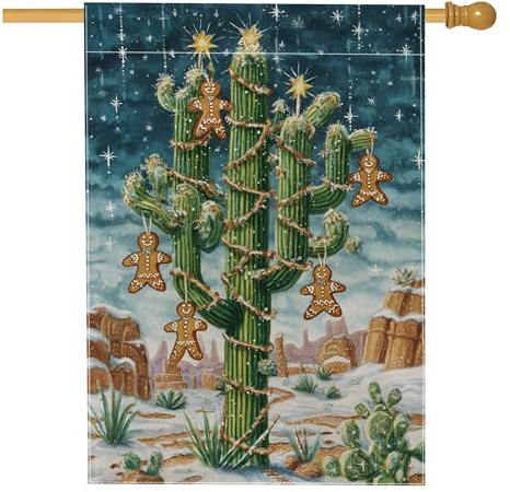 Bandiera per casa con cactus, fantasioso omino di pan di zenzero con stelle di Natale verde su entrambi i lati in iuta per portico anteriore bandiere decorative per esterni, cortile, prato, patio