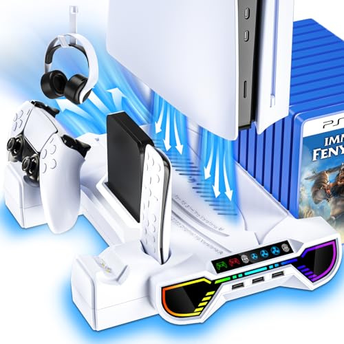 Ständer mit Controller Ladestation für PS5/PS5 Slim/PS5 Pro Disc & Digital | RGB Standfuß Zubehör für PlayStation 5 Konsole inkl. Doppel Controller Kühlstation, Lüfter, Headset Halterung, 3 USB Hub,Weiß