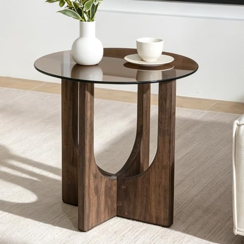 Cagnolier Table Basse Ronde en Verre Trempé et Bois Massif Noyer, Design Contemporain avec Base Sculptée,4 0x40x51 cm (Petite Taille)