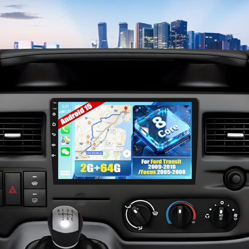 CAMECHO 2 GB+64 GB 8 Core Android 13 bilradio för Ford Transit 2009-2016/Ford Focus 2005-2008, trådlös Carplay Android-bil, 9 tum 2 Din Bluetooth 5.0 med GPS WIFI 32EQ DSP+AHD Backup-kamera + mikrofon