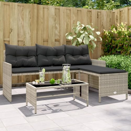 GeenYuu Divano da giardino a forma di L, grigio chiaro, in polyrattan, con tavolo e cuscino, 3 posti, resistente alle intemperie, per terrazza, balcone, esterni, lounge con imbottitura e funzione