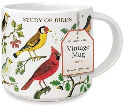 Cavallini Vintage Bird Design Mug, 14oz, Dishwasher and Microwave Safe, Decorative Gift Box Included
