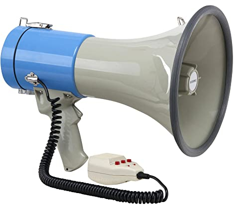 McGrey MP-800HRS Megaphon (Sprachrohr, 25 Watt RMS/80 Watt MAX), bis zu 1000m Reichweite, Handmikrofon, Sirene, Whistle, Aufnahmefunktion, USB/SD/AUX-MP3-Player batteriebetrieben grau/blau