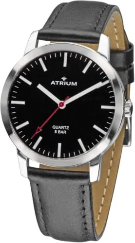 Atrium Damen Armbanduhr im Bahnhofsuhren Stil Klassisch Edelstahl silberfarben Analog Quarz sehr deutliches schwarzes Zifferblatt 5 Bar Lederband schwarz A22-11