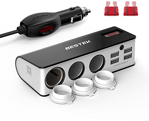 BESTEK 3 Fach Zigarettenanzünder 200W Verteiler LED-Anzeige mit 4 USB Anschlüsse Adapter 12/24V DC Auto Ladegerät für Smartphone Tablet GPS usw, mit 2 Sicherung, Grau