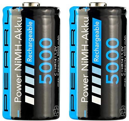 PEARL Akku Typ C: 2er-Set NiMH-Akkus Typ C/Babyzelle, 5.000 mAh (Batterien C, Akku Babyzellen, wiederaufladbare)