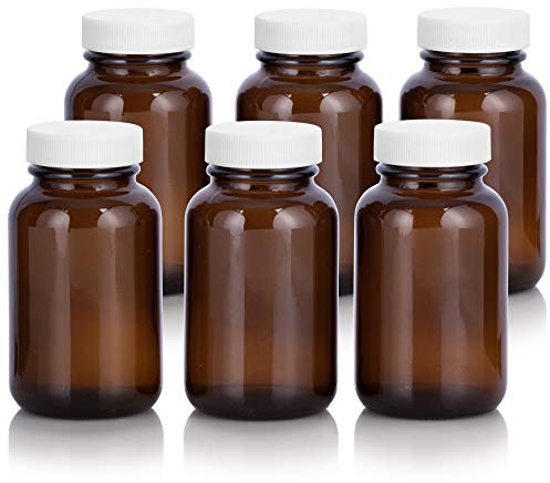 Botella empacadora de vidrio ámbar de 4 onzas con tapa acanalada blanca (paquete de 6)