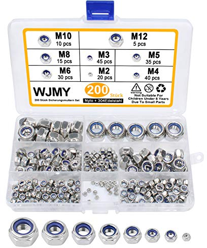 WJMY Selbstsichernde Muttern Sechskantmuttern 200Stk 304 Edelstahl Kontermuttern Set Sicherungsmuttern Stopmuttern M2 M3 M4 M5 M6 M8 M10 M12