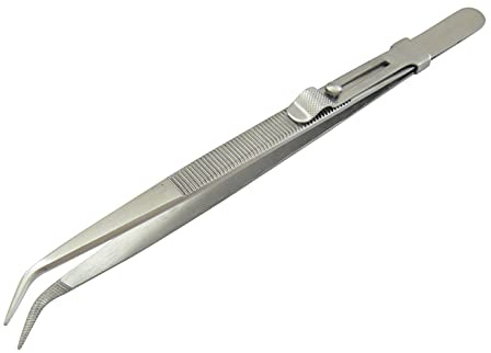 Lötpinzette - mit Schloß, abgewinkelte Spitze, gerieft, Länge 16cm | Klemmpinzette - Technische Pinzette