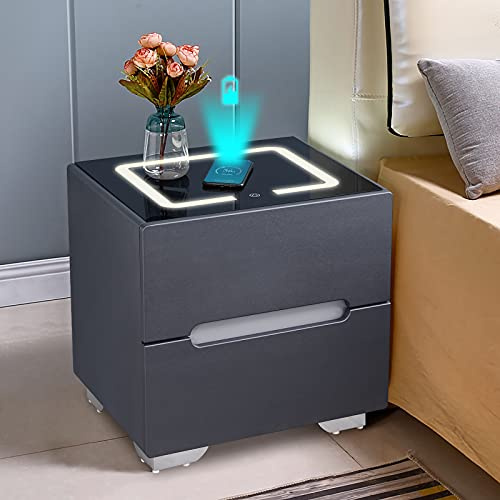 TUKAILAI Intelligenter Nachttisch mit Funktion des Mobiltelefons, kabelloses Aufladen, 3 Farben, LED-Nachtlicht, 2 Schubladen, Kommode, Nachttisch, Tisch für Schlafzimmer, Wohnzimmer,Grau