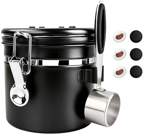 ShanSon Kaffeedose Luftdichtes Kaffee-Container Edelstahl-Kaffee-Lagerbehälter mit Messlöffel Kaffeedose für Bohnen gemahlenen Zucker Mehl Tee Cerealien,1200ml, Schwarz