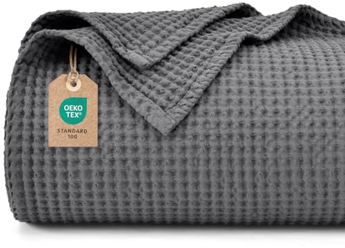 PHF 100% Baumwolle waffledecke Kuschedecke 230x270cm, leicht & atmungsaktiv, perfekt für das ganze Jahr - Oeko-TEX® Zertifiziert - Hotelwäschequalität - Ideal für Sofa Couch Bett, Anthrazit
