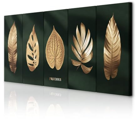 decomonkey Bilder Precious 200x80 cm 5 Teilig Leinwandbilder Wandbild Laub | Strukturleinwand, Holzkeilrahmen, Bild auf Leinwand, Kunstdruck, Wanddeko, Wohnzimmer, Wanddekoration, Pflanzen, Abstrakt