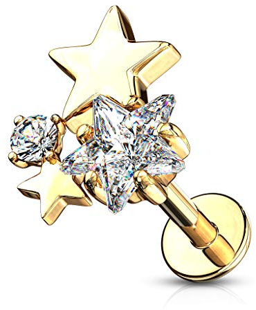 beyoutifulthings 1 Knorpel Ohr-Stecker 3 Sterne Silber Gold Roségold 2 Zirkonia Clear Piercing-s Chirurgenstahl Schraub-Verschluss Stab 6/8-mm lang