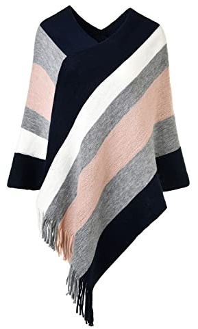 Ferand - Pullover Poncho Maglione da Donna con Frangia - Lavorato a Maglia, Mantella, Righe Grandi, Coprispalle Elegante - Taglia Unica - Blu Navy e Rosa