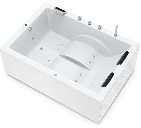 AQUADE Marburg 180x130 cm Whirlpool-Badewanne, Weiß, Rechteckig, 2 Personen, Acryl, Komplettset mit LED Beleuchtung, Armatur und Badekissen
