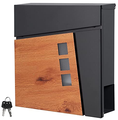 ML-Design Briefkasten 37x36,5x11 cm Anthrazit/Holzoptik aus Stahl, Postkasten mit Zeitungsfach, Abschließbar mit 2 Schlüssel, Moderner Design Wandbriefkasten mit Zeitungsrolle, Mailbox für Wandmontage